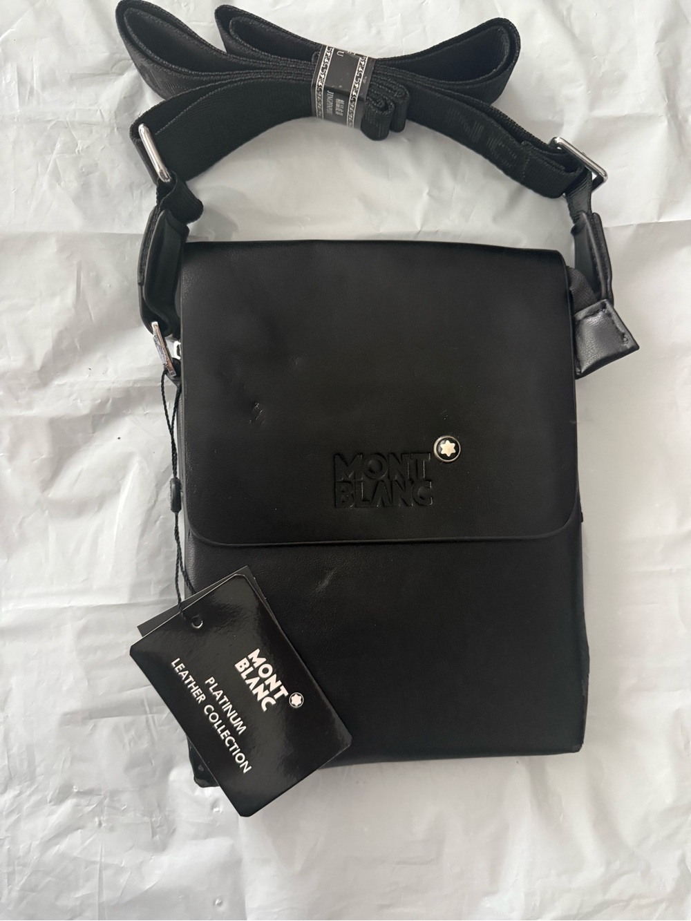 Montblanc Black Leather Messenger Crossbody with Logo Flap